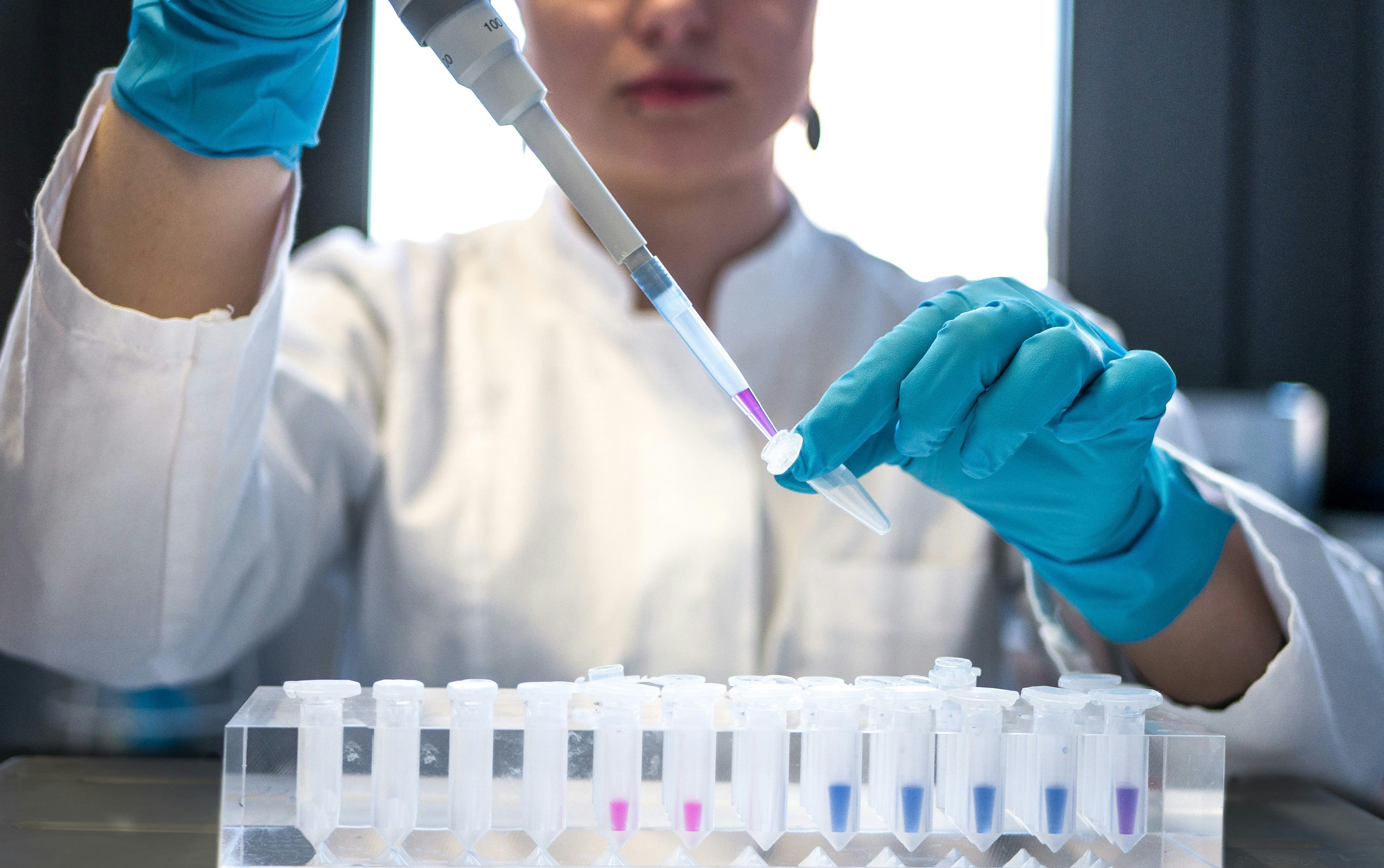 Laboratory scientist wearing blue protective gloves using a pipette to transfer liquid into a sample tube during laboratory testing.