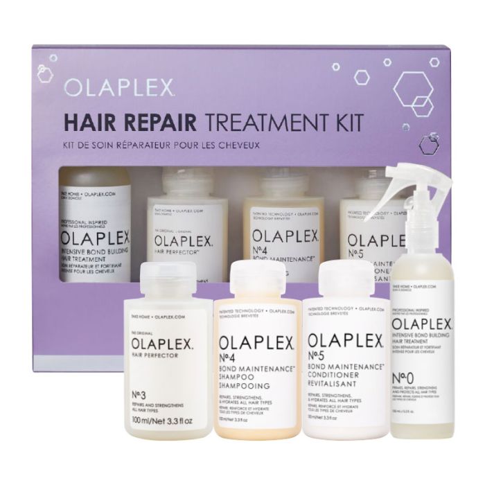 Product shot of OLAPLEX hair repair treatment kit in purple box