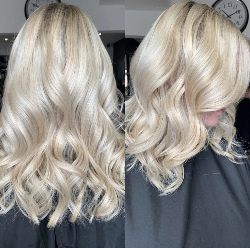 two images of womans creamy blonde hair that is curled