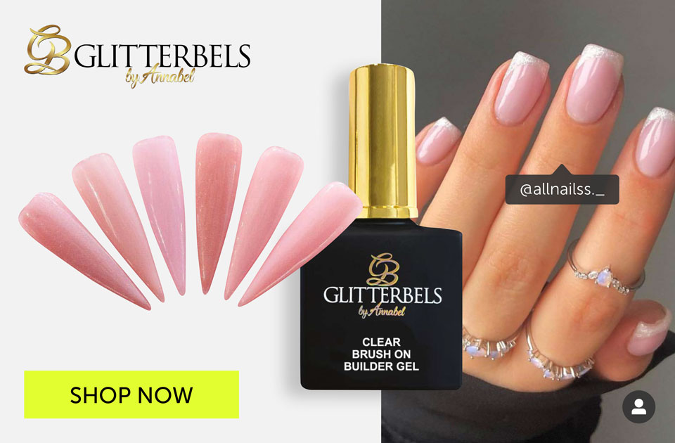 Builder Gels By Glitterbels Banner with nail swatches, product image and a hand showing builder gels