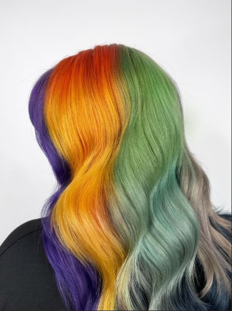 back of womans head long hair with purple, yellow, green and silver sections