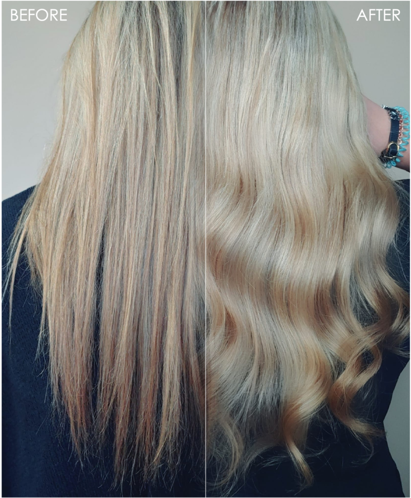 blonde hair client using Olaplex