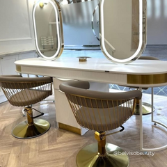 Lotus Poppy Taupe Styling Chair Round Gold Base