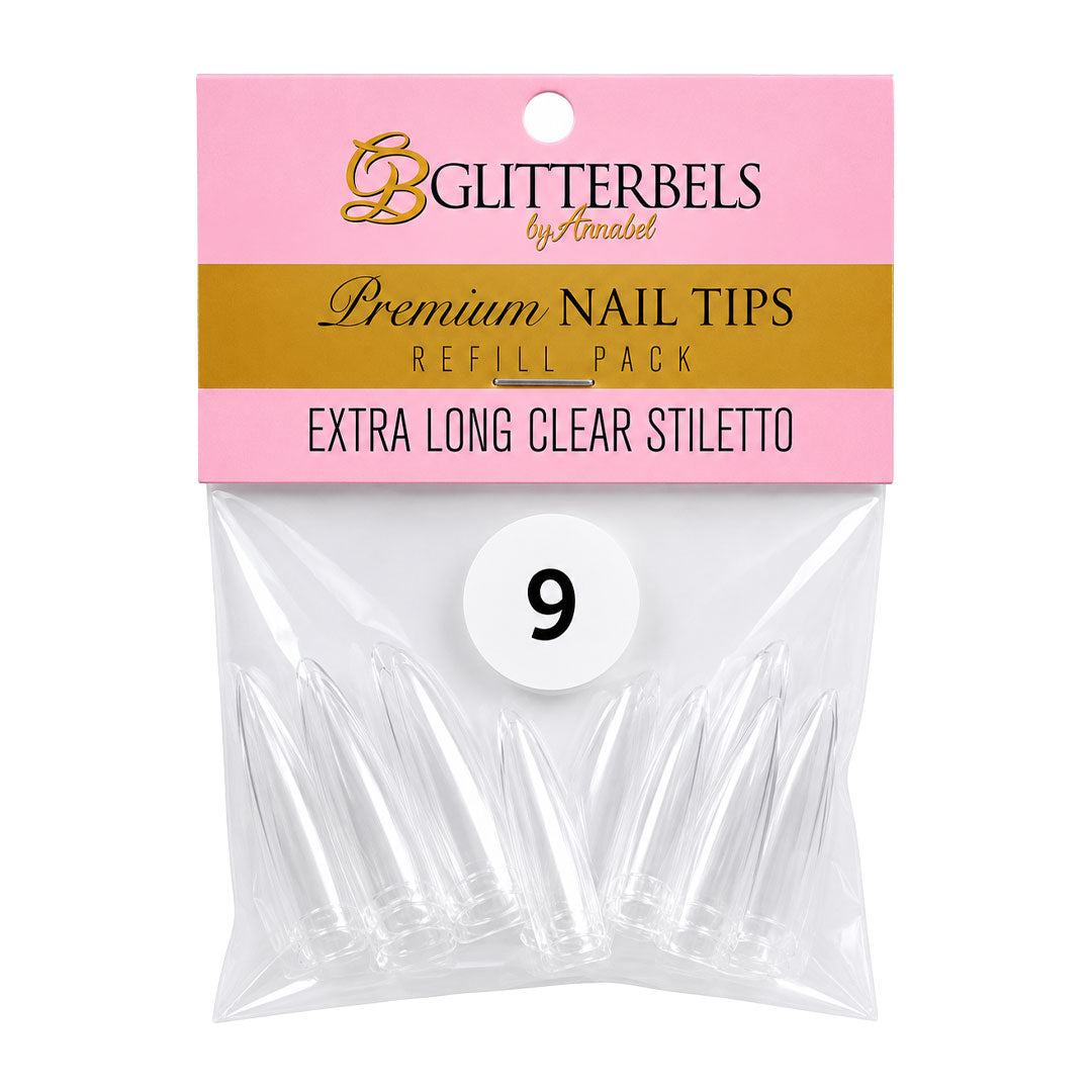 Glitterbels Extra Long Clear Stiletto Nail Tips Size 9 (x50)