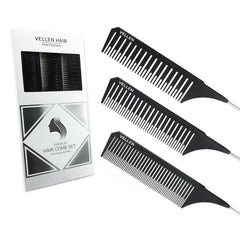 Vellen Hair Tail Comb Set Black 3 x Sizes