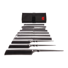 KASHO Carbon Comb Set of 10 in Black Textile Roll K-22