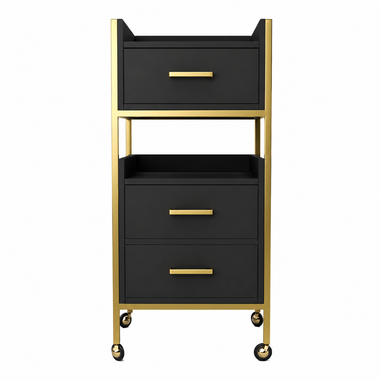Lotus Poppy Black Salon Trolley with Gold Frame