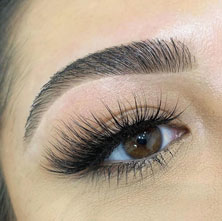 A picture of a woman's eye with eyelash extensions and groomed eyebrows