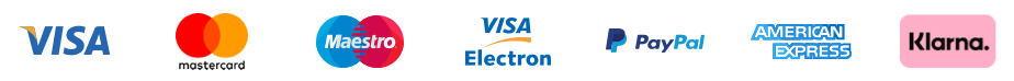 Supported Credit cards: Maestro, Mastercard, Amex, Visa, Visa Debit, Paypal, Klarna